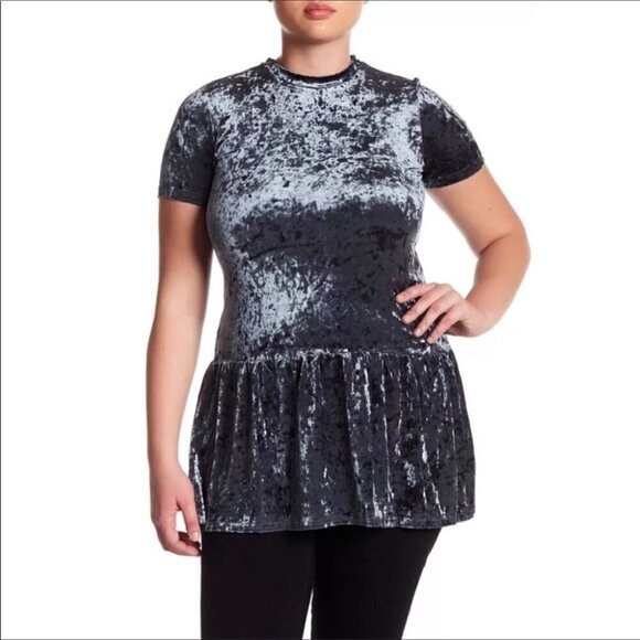 Angie Crushed Velvet Blue Shimmer Ruffle Shirt NWT - Picture 1 of 4